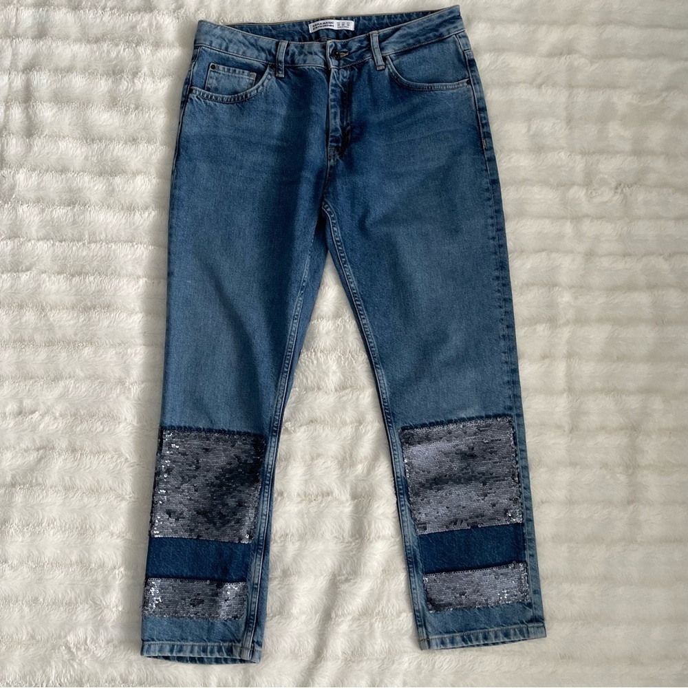 Zara Basic Z1975 Denim Sequin Patch Work Jeans Si… - image 2